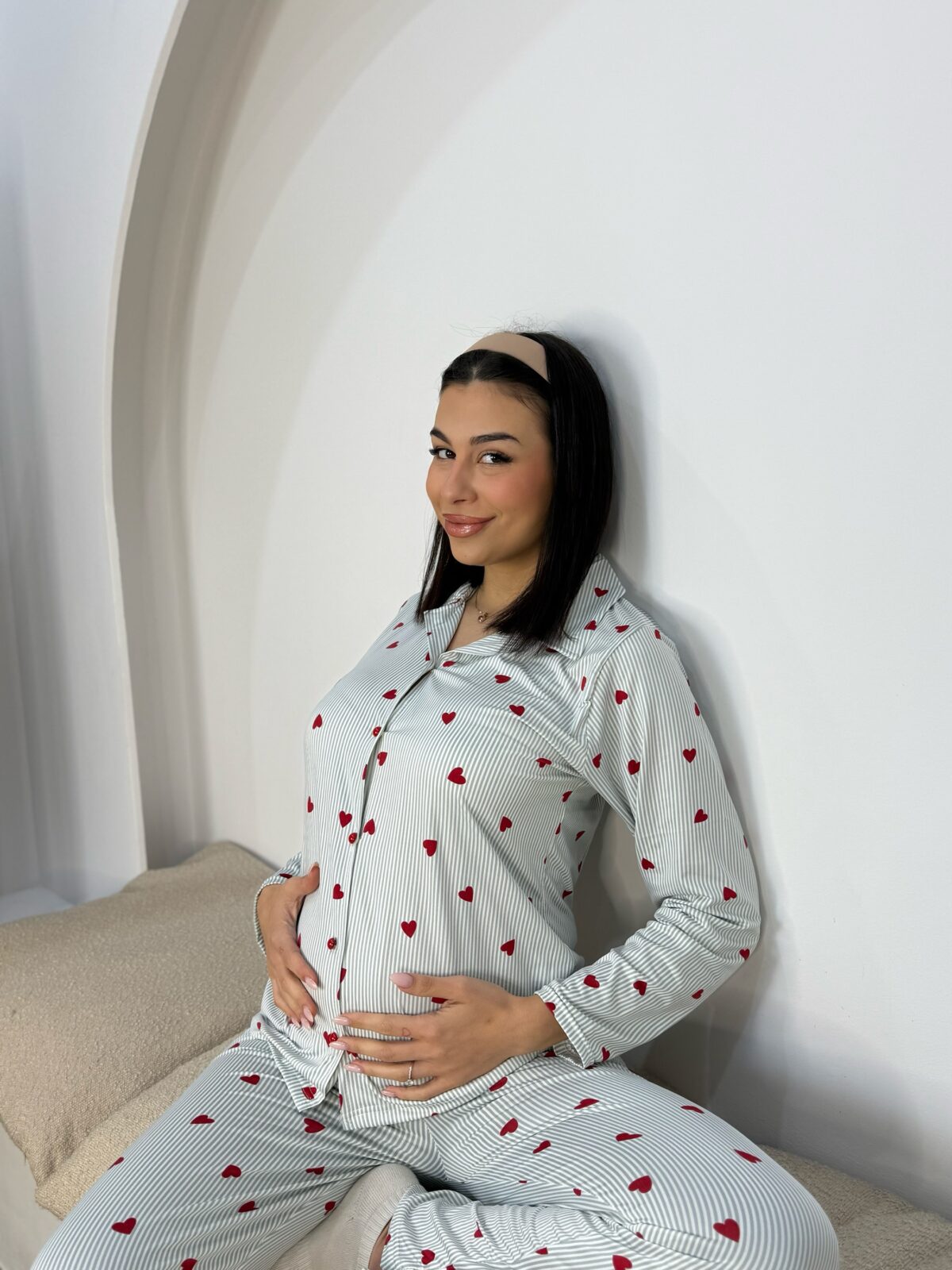 Πυτζαμα με κουμπάκια Ριγέ με κόκκινες καρδιές - Image 2