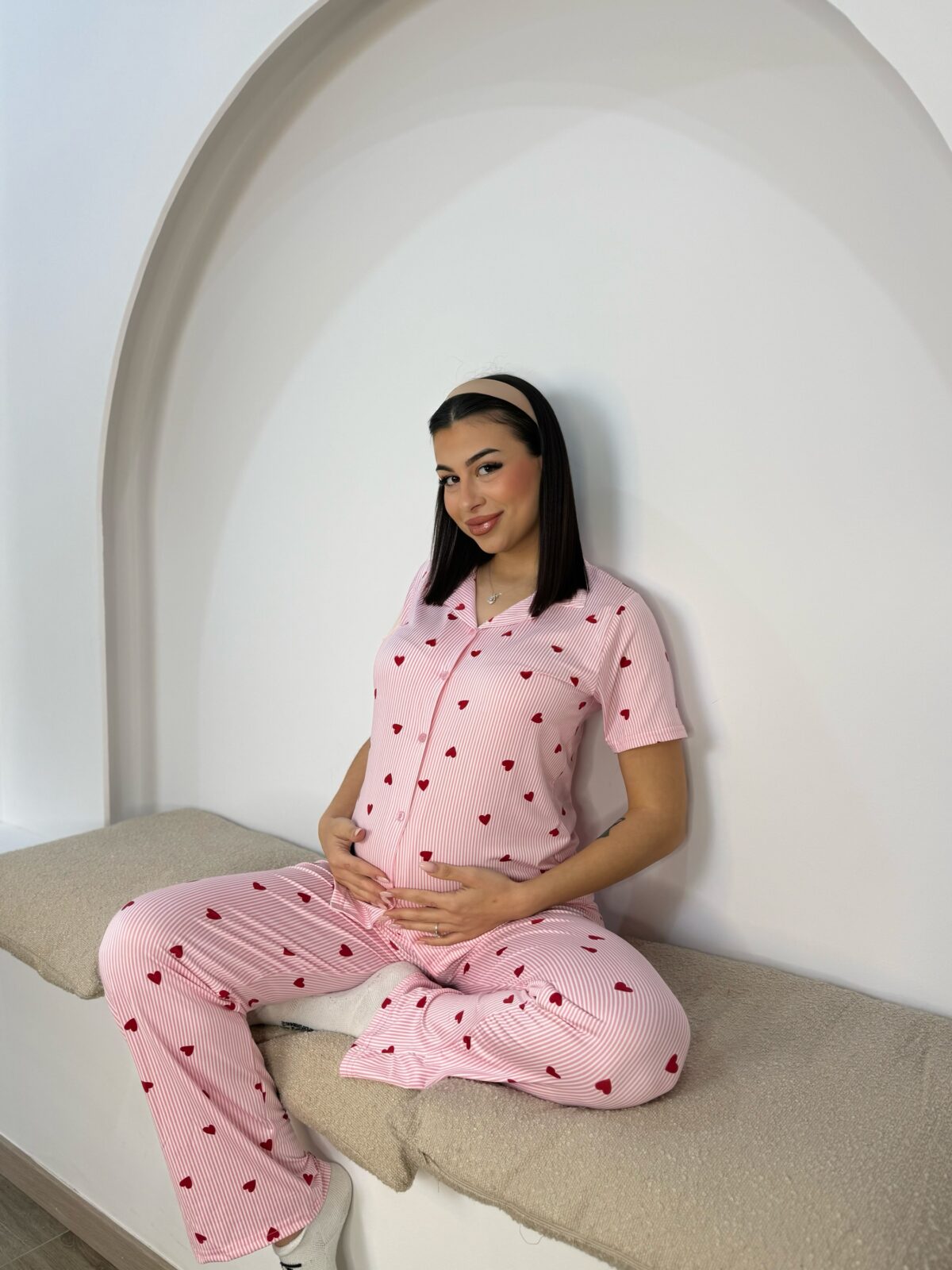 Κοντομάνικη Πυτζαμα Ριγέ Ροζ Καρδούλες - Image 2